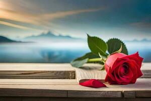 une Célibataire rouge Rose est assis sur une en bois table avec une Lac dans le Contexte. généré par ai photo