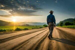 une homme en marchant vers le bas une saleté route à le coucher du soleil. généré par ai photo