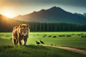 le Lion et le oiseau. généré par ai photo