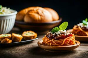 spaghetti avec Boulettes de viande et pain sur une en bois tableau. généré par ai photo