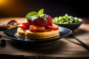 une dessert avec des fraises et menthe sur une noir plaque. généré par ai photo