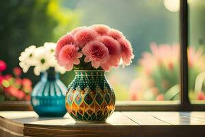 rose fleurs dans une vase sur une fenêtre seuil. généré par ai photo