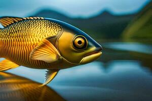 une poisson est permanent sur le l'eau avec une Montagne dans le Contexte. généré par ai photo