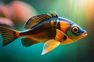 une poisson avec brillant Orange et noir rayures. généré par ai photo