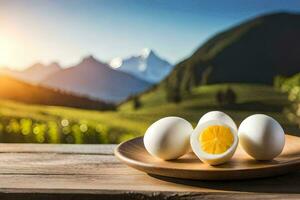 des œufs sur une assiette avec montagnes dans le Contexte. généré par ai photo