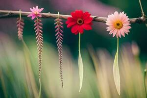 Trois fleurs sont pendaison de une branche. généré par ai photo