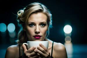 une femme en portant une tasse de café. généré par ai photo