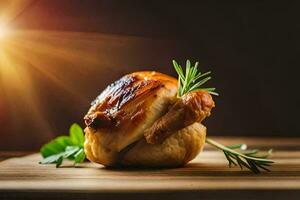 rôti poulet sur une en bois Coupe planche. généré par ai photo