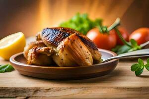 grillé poulet sur une assiette avec tomates et herbes. généré par ai photo