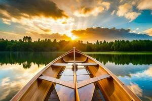 une canoë est flottant sur le l'eau à le coucher du soleil. généré par ai photo