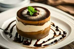 Chocolat mousse dessert sur une blanc plaque. généré par ai photo