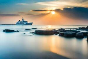 une bateau dans le océan à le coucher du soleil avec rochers et rochers. généré par ai photo