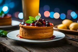 une dessert avec baies et une verre de bière. généré par ai photo