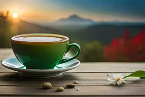 une tasse de café sur une en bois table avec une vue de le montagnes. généré par ai photo