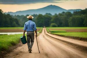 une homme en marchant vers le bas une saleté route avec une seau et canne. généré par ai photo