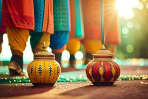 Indien mariage la cérémonie avec coloré des pots et vases. généré par ai photo