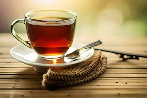 une tasse de thé sur une en bois tableau. généré par ai photo