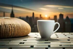 café tasse sur le terrasse, ville, lever du soleil, lever du soleil, le ville, HD. généré par ai photo