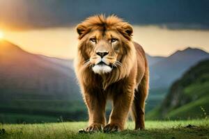 une Lion est en marchant dans le herbe à le coucher du soleil. généré par ai photo