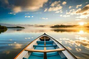 une bateau sur une Lac à le coucher du soleil. généré par ai photo