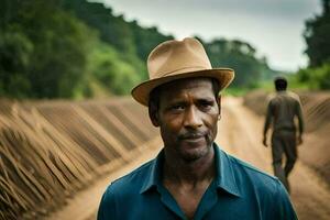 une homme dans une chapeau permanent sur une saleté route. généré par ai photo