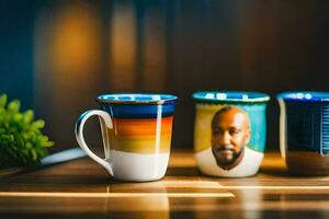 Trois café des tasses avec une homme visage sur eux. généré par ai photo