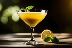 une cocktail avec citron et menthe sur une en bois tableau. généré par ai photo