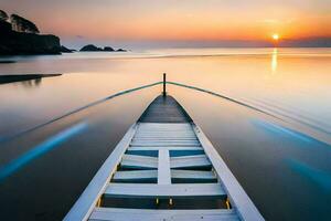 une bateau est amarré à le rive de une plage à le coucher du soleil. généré par ai photo