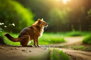 une chien séance sur le côté de une saleté route. généré par ai photo