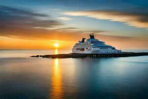 une croisière navire dans le océan à le coucher du soleil. généré par ai photo