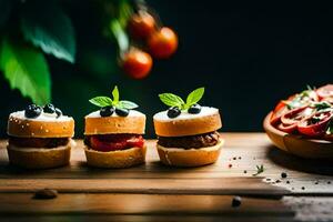 mini des hamburgers sur une en bois table avec tomates et herbes. généré par ai photo