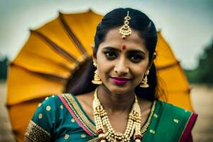 une magnifique Indien femme dans traditionnel tenue en portant un parapluie. généré par ai photo