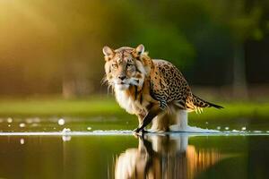 une léopard en marchant à travers une étang dans le lumière du soleil. généré par ai photo