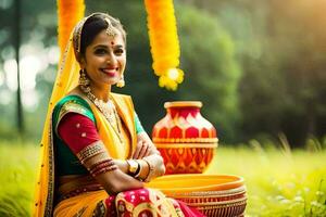 une magnifique Indien femme dans traditionnel tenue séance sur le herbe. généré par ai photo