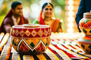 une couple est séance dans de face de une coloré pot. généré par ai photo