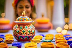 une femme dans traditionnel Indien robe est en portant une coloré pot. généré par ai photo