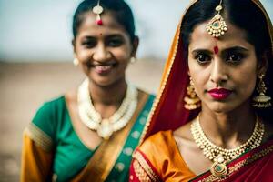 deux femmes dans traditionnel saris posant pour le caméra. généré par ai photo