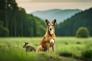 une chien et une cerf dans le champ. généré par ai photo