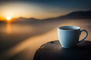 une tasse de café sur une Roche dans le le coucher du soleil. généré par ai photo