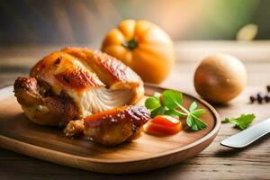 une poulet sur une en bois assiette avec des légumes. généré par ai photo