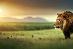 une Lion dans le champ. généré par ai photo
