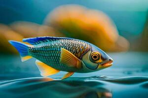 une poisson avec bleu et Jaune couleurs sur le l'eau. généré par ai photo