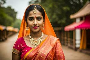 une femme dans un Orange sari et or bijoux. généré par ai photo