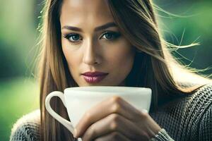 une femme est en portant une tasse de café. généré par ai photo