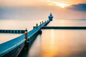 une longue exposition photographier de une phare à le coucher du soleil. généré par ai photo