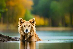 une chien est séance dans le l'eau à la recherche à le caméra. généré par ai photo