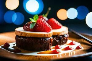 deux desserts sur une en bois assiette avec des fraises. généré par ai photo