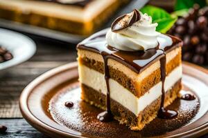 une pièce de gâteau avec fouetté crème et Chocolat. généré par ai photo