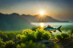 une poisson est nager dans le l'eau à le coucher du soleil. généré par ai photo