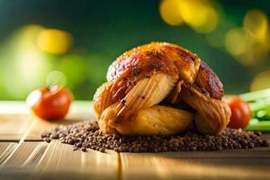 une poulet est séance sur Haut de une en bois tableau. généré par ai photo